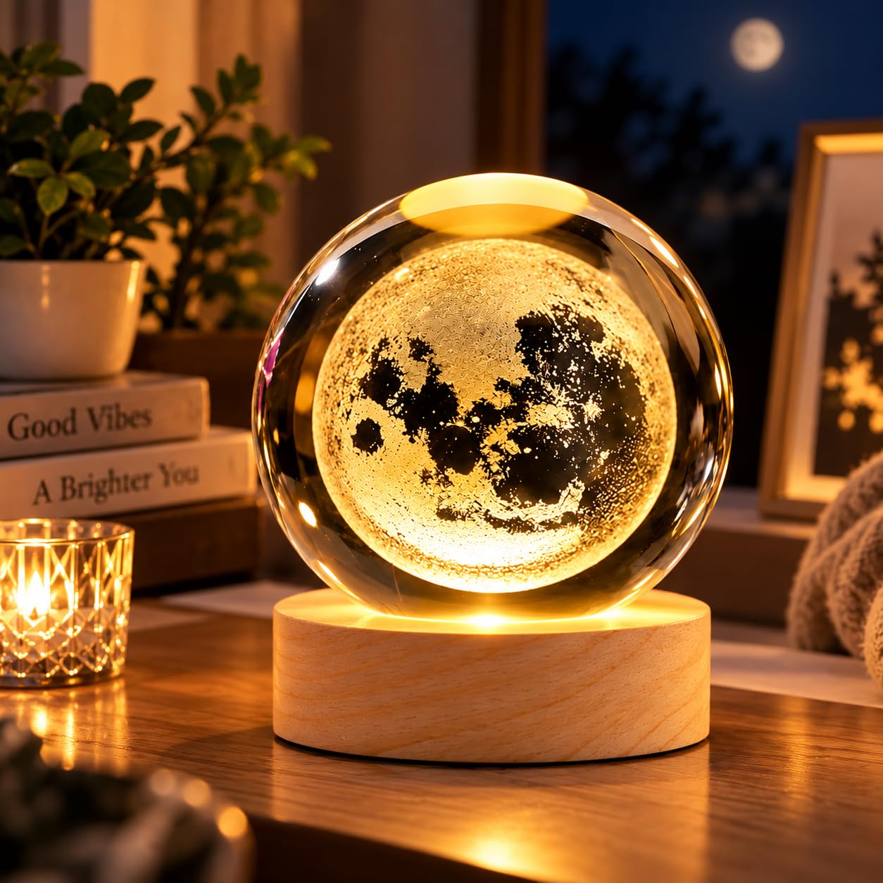 One94Store 3D Crystal Moon Lamp | Engraved Crystal Ball LED Night Light with Wooden Base, USB Powered | Romantic Home Décor & Valentine Day Gift for Her, Him & Couples (Warm White)