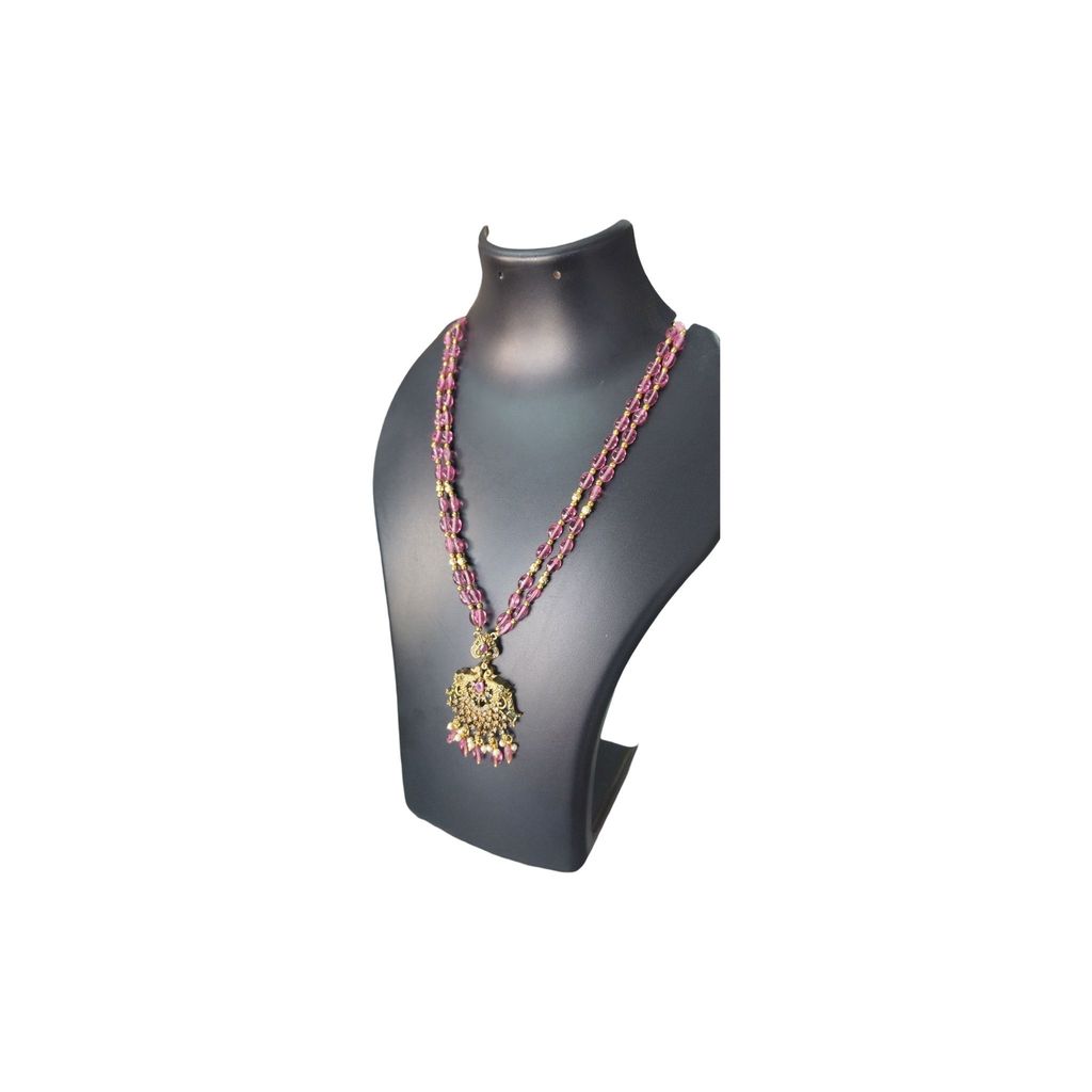 Delicate Pink Beaded Necklace with Antique Gold Pendant