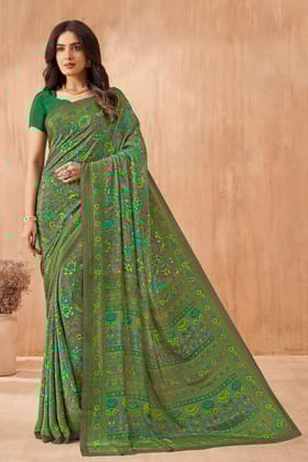 Green Printed Crepe Saree