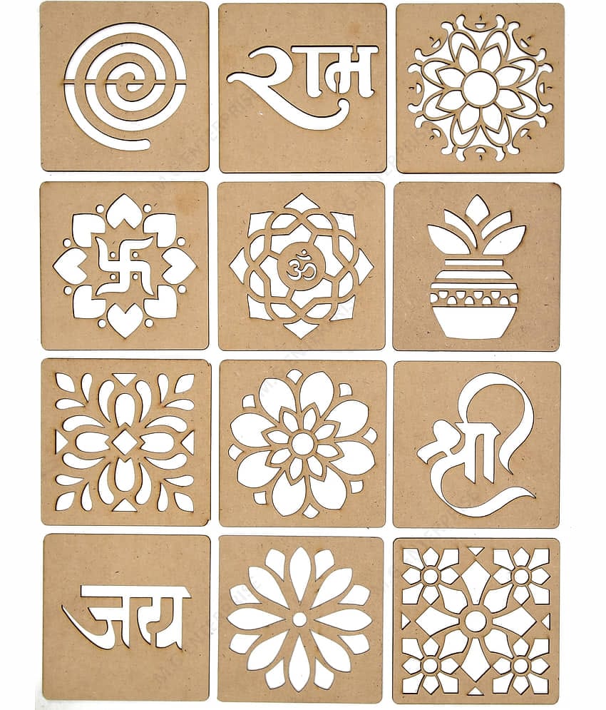 M.G ENTERPRISE DIY MDF Wood Organic Rangoli Stencils For Floor and Wall R-1 Set of 12 pc (4 in x 4 in)