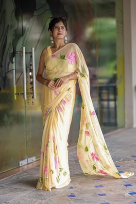 Butter Yellow Georgette Saree with Hand-Painted Pink Floral Vines – Attached Blouse – 5.5 Meters-Regular