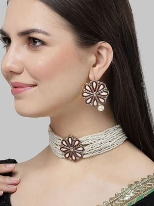 Gold Plated Maroon Meena Floral Pearl Beaded Kundan Choker Necklace Set for Women-Free Size