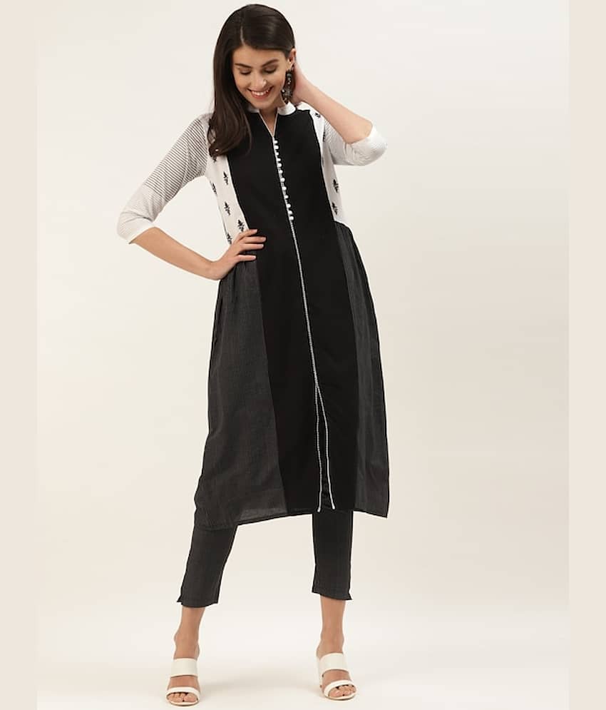 Varanga Cotton Blend Colorblock Kurti With Pants Women's Stitched Salwar Suit - Black ( Pack of 1 )