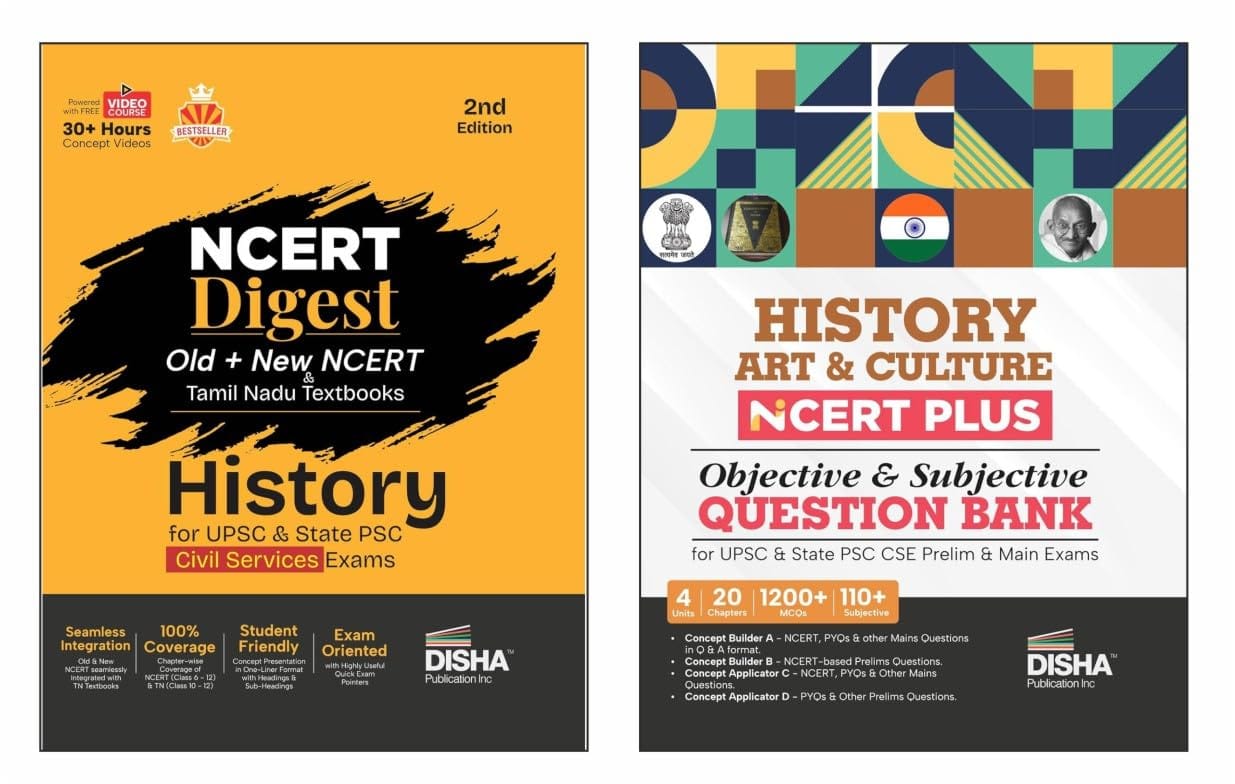 Disha Combo (set of 2 Books) Indian History NCERT Digest (Concept Notes) + NCERT Plus (Question Bank) for UPSC & State PSC Civil Services Prelims & Mains | NCERT Class VI – XII & TN Class X - X