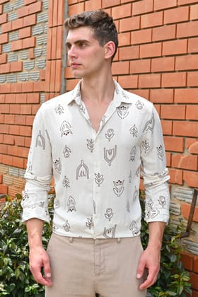 Luca - Viscose Linen Printed Shirt - Brown-M-40 / BROWN