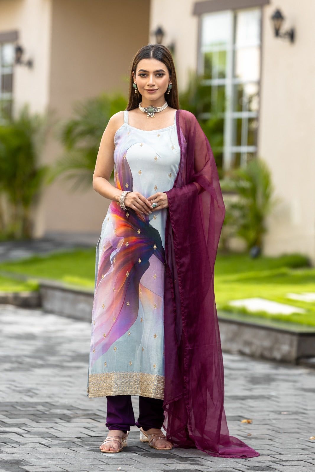 Multi Color Sequined Embroidered Work Kurta With Chudidar & Dupatta-XS
