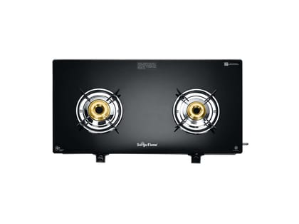 Surya Flame Maestro 2-Burner Gas Stove, Toughened Glass Top, 2 Tri-Pin Brass Burners, Manual Ignition, 69%+ Efficiency, ISI Certified - Black
