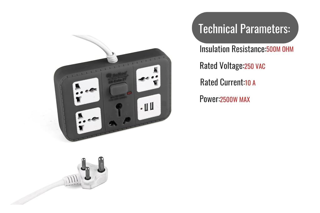 Extension Board with 2-USB Charger Ports;3 Power sockets and 1 16amps-Socket Along with 3m Long Cable