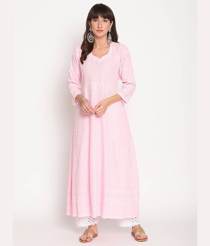 Queenley - Pink Cotton Women's Flared Kurti ( Pack of 1 )