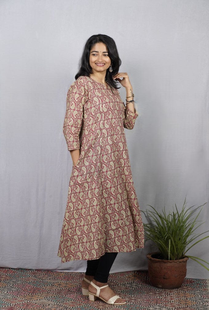 Rivaaj Ethnic Rishvi Cotton Kali Kurta (M) | Soft Pink Flared Style | 3/4 Sleeves Split V-Neck | Summer Casual Ethnic Wear | Lightweight