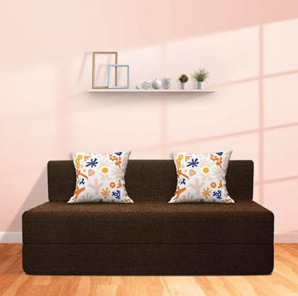 Starlon 3 Seater Sofa Cum Bed | Foldable Sofacum Bed | Jute Fabric Washable Cover Sofa (Coffee with 2 Cushion Floral Pattern, 6X6.5 Ft)