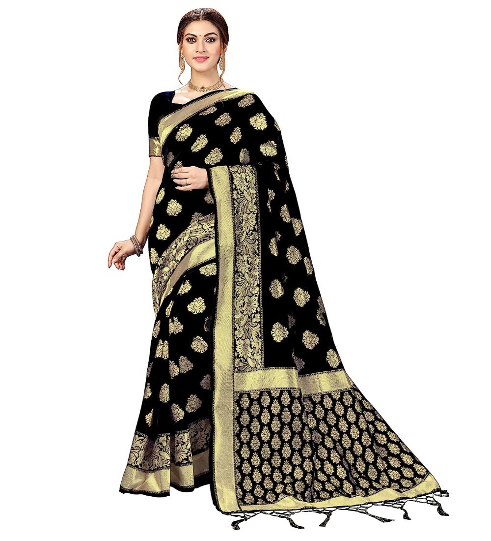 Women's Kanjivaram Style Floral design Jacquard Zari Woven Banarasi Art Silk Saree with Unstitched Blouse Piece (Black, 5-6mtrs)