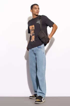 Light Blue Fish Cut Men's Baggy Straight Jeans 34