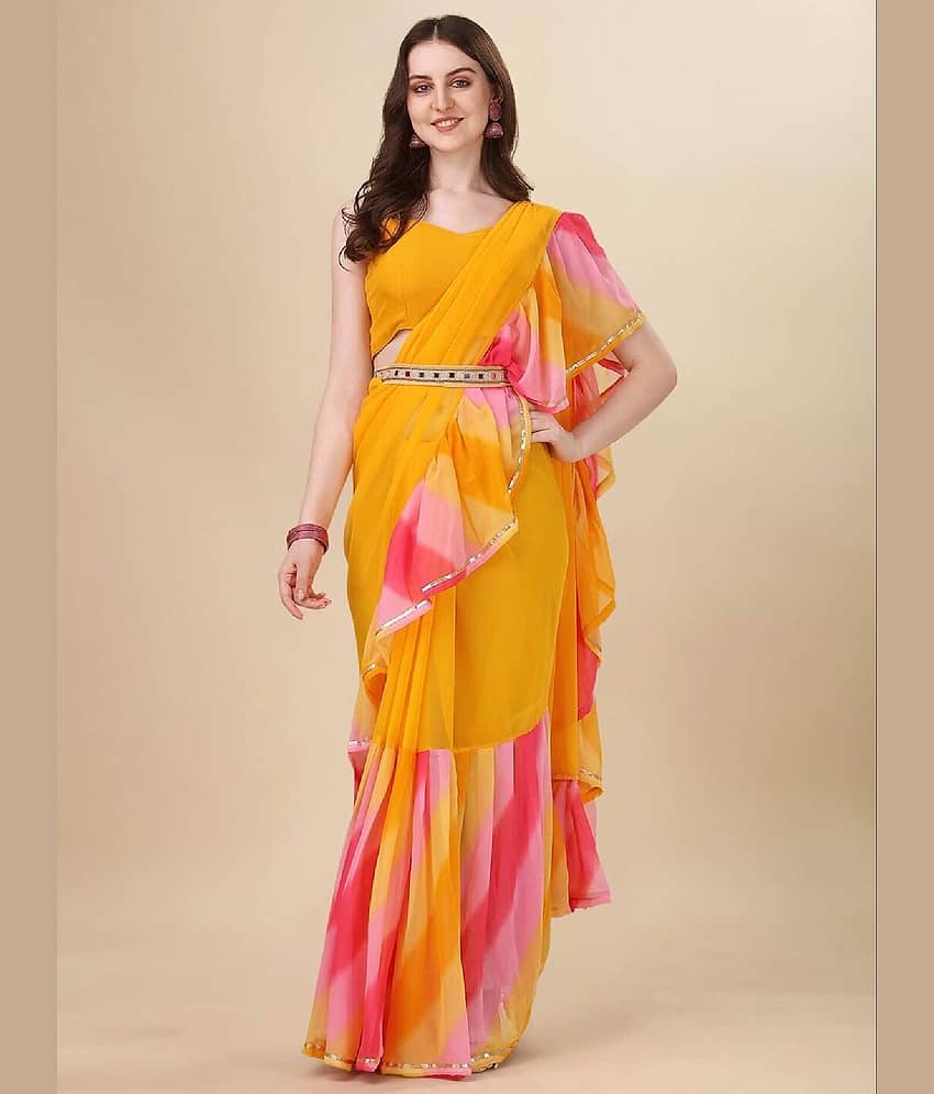 BLEESBURY Georgette Solid Saree With Unstitched Blouse Piece ( Yellow )