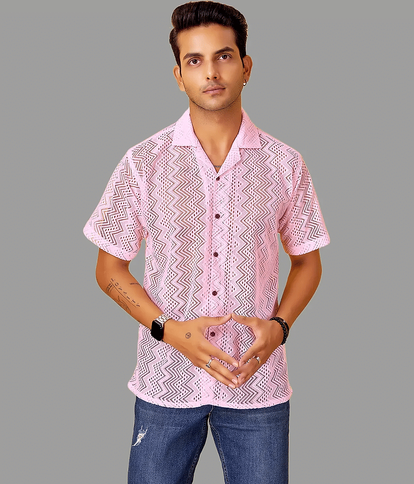 HARPITA Cotton Blend Oversized Fit Self Design Half Sleeves Men's Casual Shirt - Pink ( Pack of 1 )