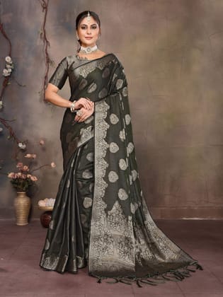 Dark Green Fendi Satin Silk Banarasi Jacquard Butta Work Saree With Woven Designed Border