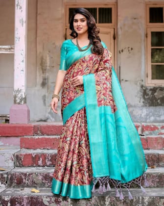 Maroon and Teal Paisley Design Banarasi Silk Saree with Zari Weave and Tassel-Embellished Pallu-Regular