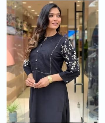 ETZIN Women Rayon Embroidered Straight Kurti With Pants ( Black )
