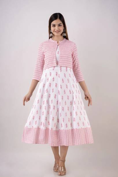 Women Printed Viscose Rayon Flared Kurta  (White)