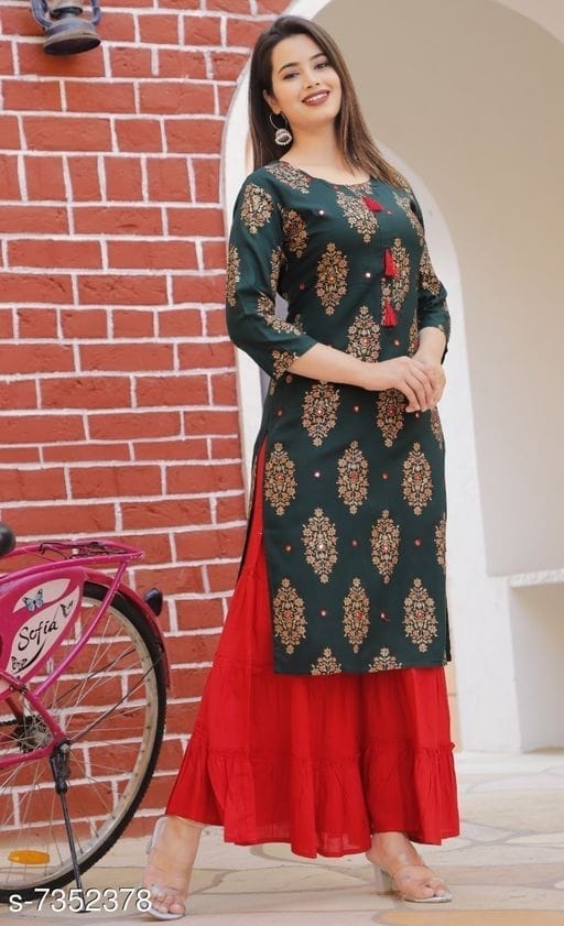 Rekha fashion Stylish Bottle Green Kurti With Red Sharara Fashionable Women Kurta Sets