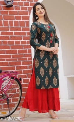 Rekha fashion Stylish Bottle Green Kurti With Red Sharara Fashionable Women Kurta Sets