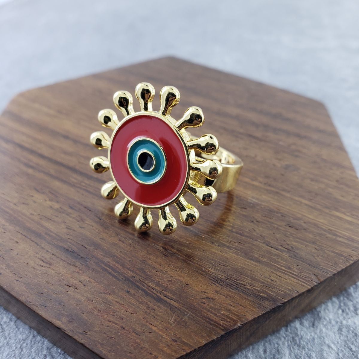 Flower Round Evil Eye Blue Enamel Gold Adjustable Free Size Band Ring Women Gift-Red