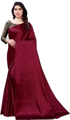 ANSH Womens Satin Solid Saree length (5.5m) & Blouse Piece Size (0.8m) (Maroon)