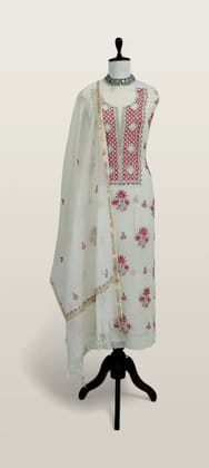 Chikankari Mul Chanderi Dress Material Ivory Rose Yoke