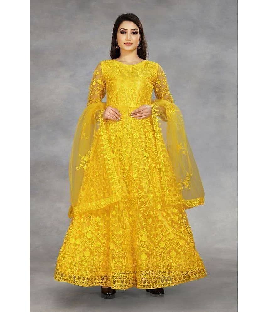 Aika - Yellow Anarkali Net Women's Stitched Ethnic Gown ( Pack of 1 )