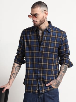 Indigo Dyed Premium Men Shirt, Regular Fit, Pure Cotton, Yellow-Navy-S