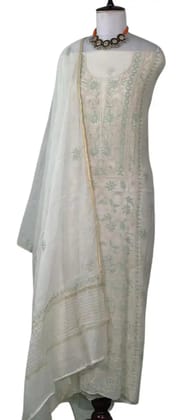 Chikankari Mul Chanderi Dress Material Mint Green Floral Chikankari Mul Chanderi Dress Material Mint Green Floral