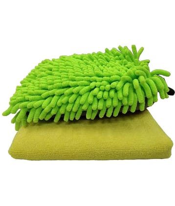 SOFTSPUN Microfiber Chenille & Single-Side Gloves 1700 GSM  with Towel 340 GSM, 2 Piece Combo Multicolour, Multi-Purpose Super Absorbent and Perfect Wash Clean with Lint-Scratch Free Car, Dusting!