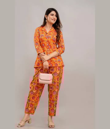Frionkandy Women Printed Shirt With Trousers Co-Ord Set ( Orange )