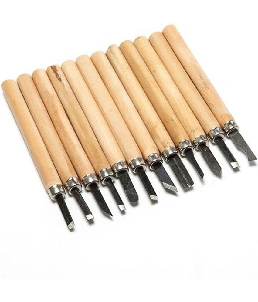 DIY Crafts Beige Wooden Carving Tool Steel Blade Punches - Set of 12