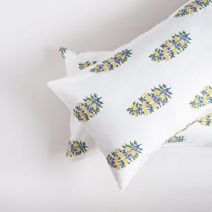 Block Print Floral Paisley Pillow Case Set of 2 - 18x27-White Yellow & Indigo / 18 x 27 Inches / 100% Cotton
