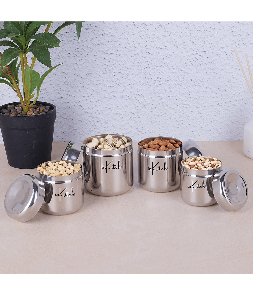 inKitch Food Container Steel Silver Tea/Coffee/Sugar Container ( Set of 4 )