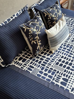 KRI India The Minimalist Indigo Stripe Bedsheet Set | Indigo Blue with navy blue stripes side panels  | 100x100 inches  | Wash & Care | 100% Cotton | Handcrafted in India. 100% organic & natural.