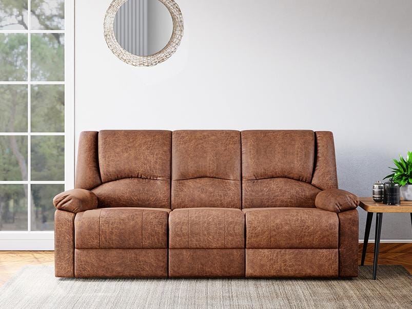 Rhine V3 3 Seater Recliner (Fabric Leather, Caramel Brown)