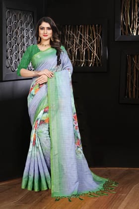 Narivastra Pure Linen Grey Flowers Digital Printed Saree