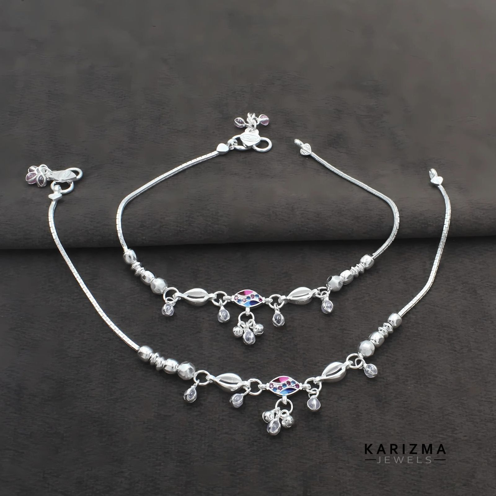 Real Sterling Silver Indian women Multi CZ Excellent gifting Anklets Ankle Pair 10.5"