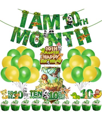 Zyozi Jungle Theme 10th Month Birthday Decoration Kids,I AM 10th Month Birthday Banner with Latex Balloons, Cake Topper and Cup Cake Topper for Baby Boy or Girl Birthday (Pack of 37)