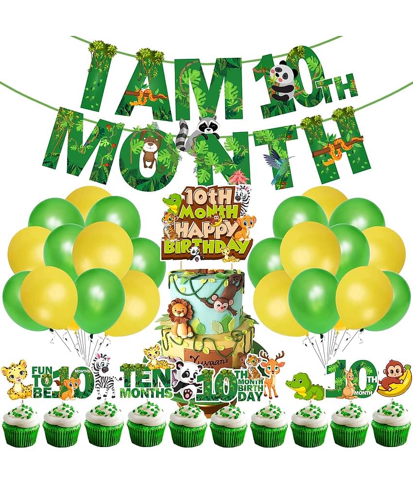 Zyozi Jungle Theme 10th Month Birthday Decoration Kids,I AM 10th Month Birthday Banner with Latex Balloons, Cake Topper and Cup Cake Topper for Baby Boy or Girl Birthday (Pack of 37)