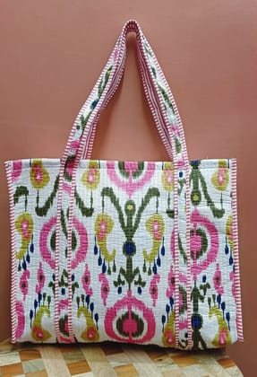 Handblock Printed Quilted Tote Bag without zip/button 17x18x 6 inches