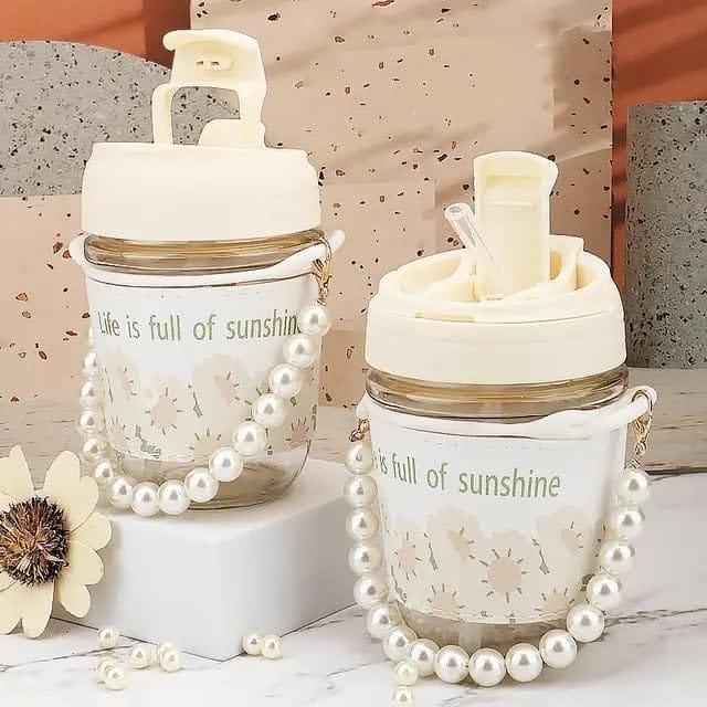 Glass Coffee Mugs with Pearl Chain Belt & Sleeve, 250 ML, Reusable Travel Sipper with Double Drink Straw and Lids,Kids Girls Tumbler for Juice Smoothies Milk Cups