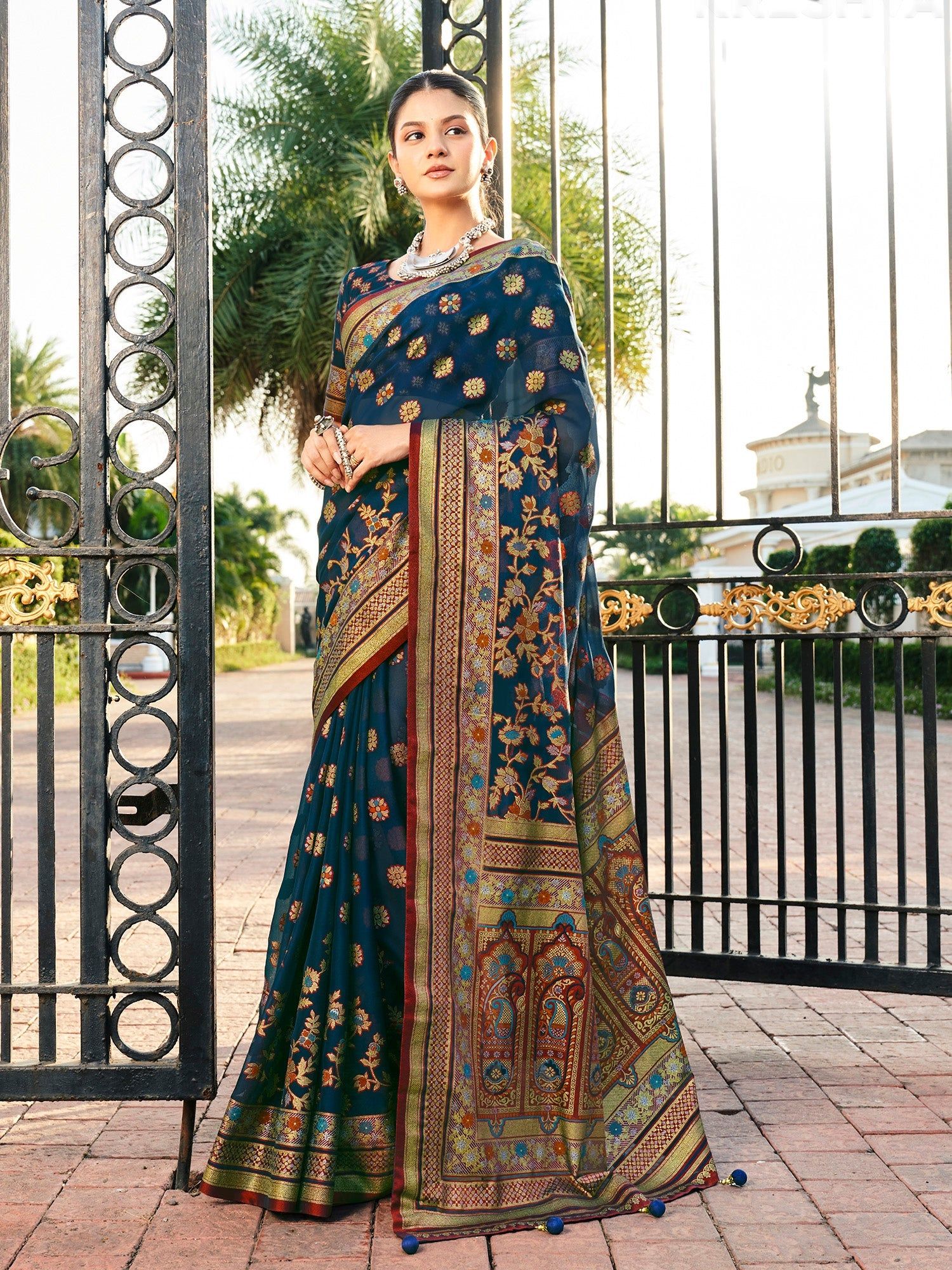 Navy Blue Poly Viscose Georgette Meenakari Jaal Banarasi Saree