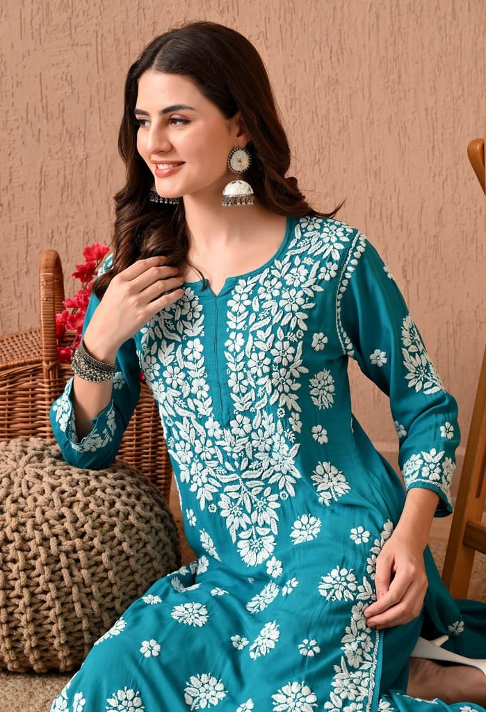 Hand Embroidered Chikankari 3d Work Plazo Set