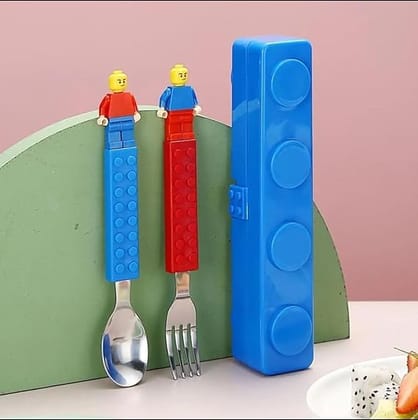 ji and ja Kids Stainless Steel Building Blocks Cutlery Set of 3, with Spoon and Fork, Interactive Lunch Set with Figures