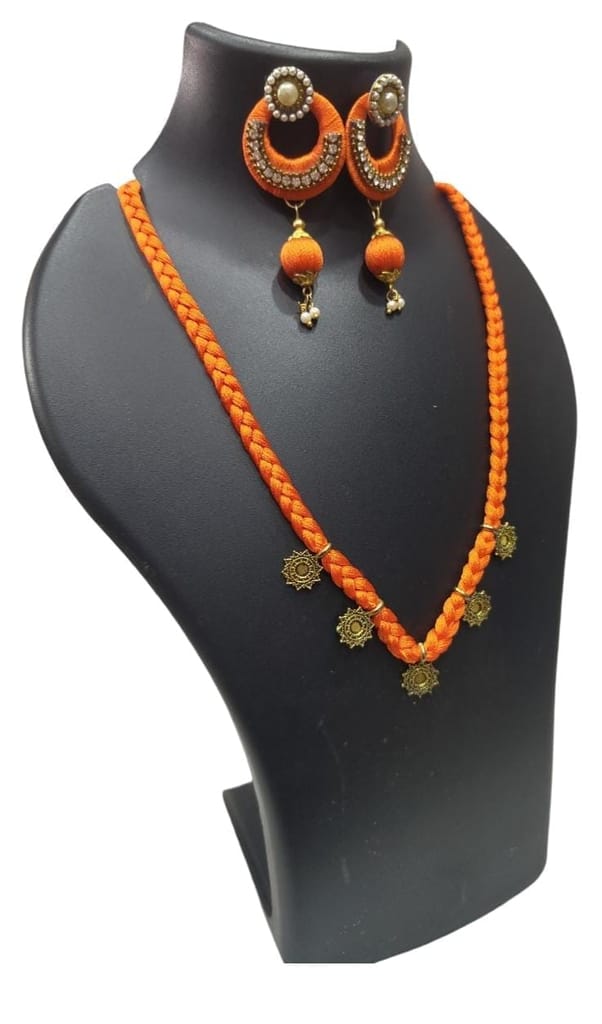 Orange Silk Thread Necklace Set with Earrings for Women