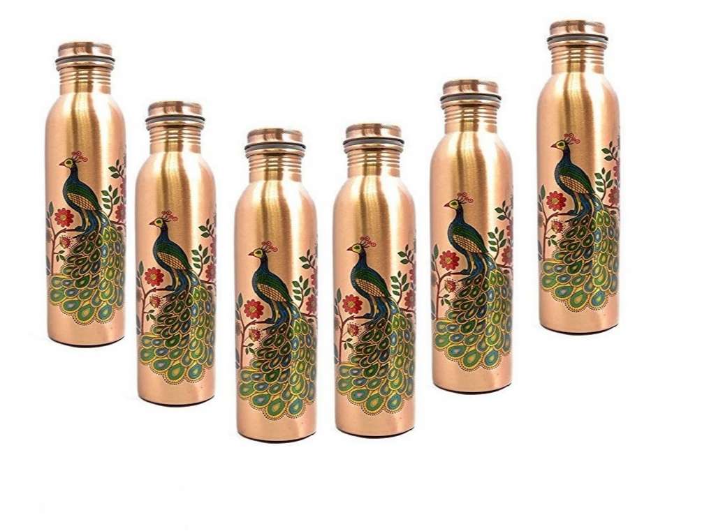 Imago  Peacock Printed Copper Bottle 1L (Pack of 6)