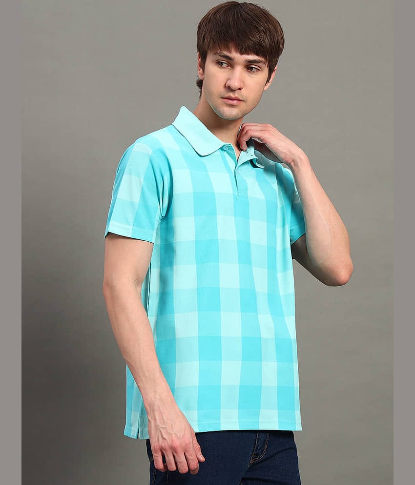 GET GOLF Men Cotton Blend Regular Fit Checks Polo T Shirt ( Aqua )